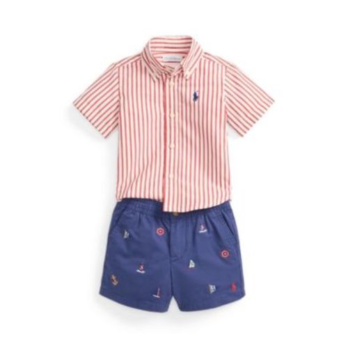 Baby Boys' Striped Poplin Shirt and Embroidered Shorts, 2-Piece Set