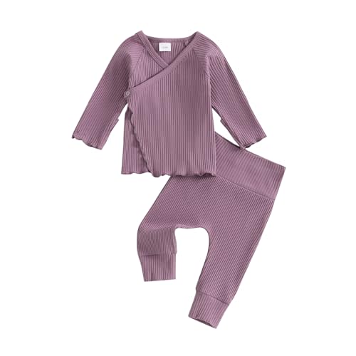 GOOCHEER 2Pcs Newborn Baby Girl Coming Home Outfit Mitten Cuffs Solid Knitted Long Sleeve T-Shirt Tops Pans Set Fall Clothes