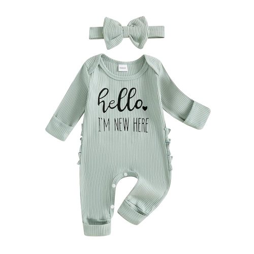 FIOMVA Im New Here Newborn Outfit Girl Long Sleeve Letter Romper Ribbed Knit Jumpsuit Baby Girl Preemie Coming Home Outfit