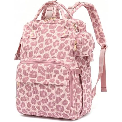 Baby Diaper Bag Backpacks for Mom Dad, Corduroy Large Capacity Multifunction Nappy Bag with Pacifier Case, Baby Travel Essentials Diaper Backpack for Boys Girls - Leopard Purple