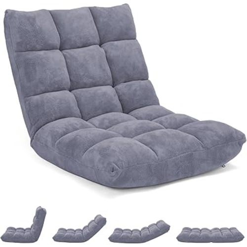 MAT EXPERT Floor Chair with Back Support, Floor Gaming Chair w/ 14 Adjustable Position,Soft Coral Fleece&Alloy Steel Frame, Foldable Floor Seat,Padded Lazy Couch Recliner for Meditating (Gray)