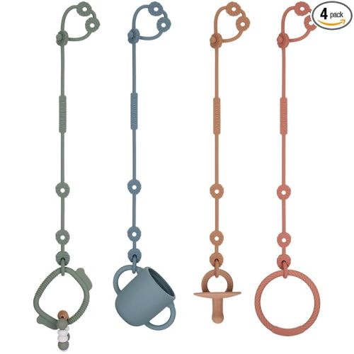 Toy Straps for Baby, Silicone Pacifier Clips, Silicone Adjustable Stretchable Pacifier Teether Straps for Strollers, High Chair, Cribs, Hanging Baskets, Car Seat, Shopping Trolley, BPA Free, 4 Pack