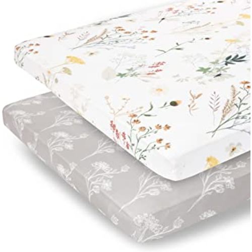 Pobibaby - 2 Pack Premium Pack N Play Sheets Fitted for Standard Pack and Plays and Mini Cribs - Ultra-Soft Jersey Knit, Stylish Floral Pattern, Safe and Snug for Baby (Wildflower)