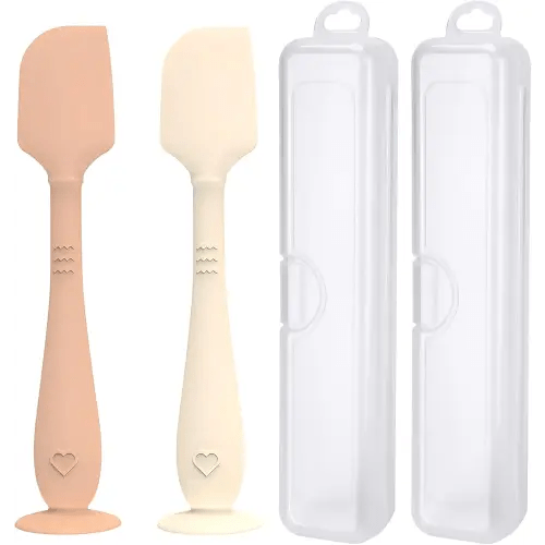 2 Pack Diaper Cream Spatula with Hygienic Travel Case, Butt Spatula Baby with Suction Base, Baby Butt Paste Spatula, Soft Silicone Diaper Rash Cream Applicator Large Size (Brown & Offwhite)