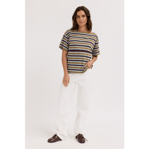 Aria Stripe Boatneck Panel Tee - Olive Multi