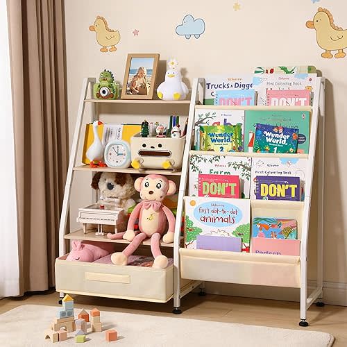 Kids Bookshelf and Toy Storage-Book Shelf for Kids Rooms,Toddler Bookshelf Baby Bookcase with 4 Sling Shelves & Fabric Toy Chest Toy Organizer for Playrooms, Bedrooms, Nursery