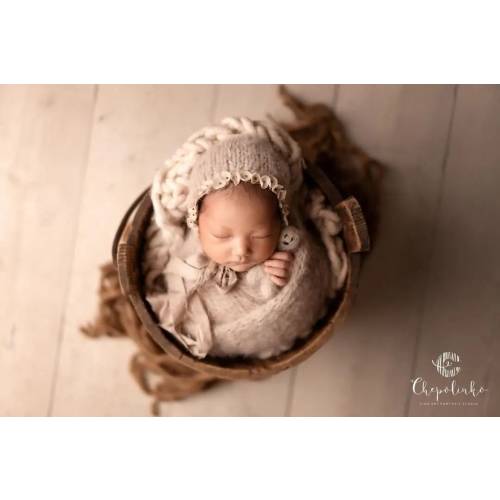 Beige bonnet and wrap set, Knitted bonnet silk ties newborn photography props, beaded bonnet with flowers newborn, raw edge baby hat