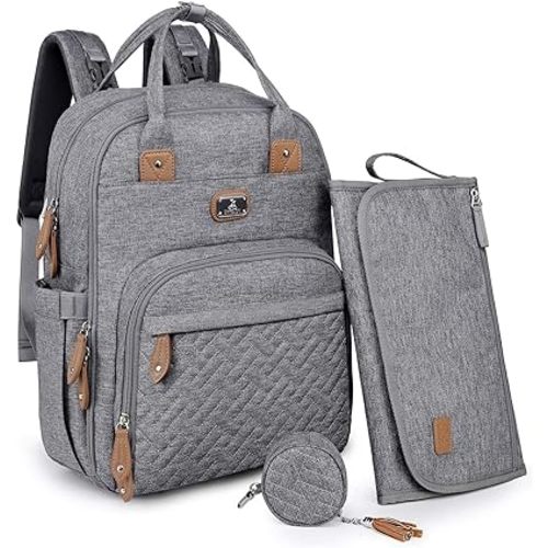 Dikaslon Diaper Bag Backpack with Portable Changing Pad, Pacifier Case and Stroller Straps, Large Unisex Baby Bags for Boys Girls, Multipurpose Travel Back Pack Moms Dads, Gray