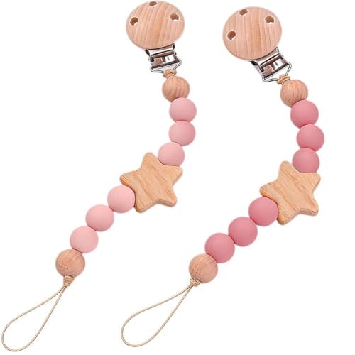 2Pcs Wood Star Silicone Pacifier Clip for Baby Girl Rose Pacifier Holder Binky Clips