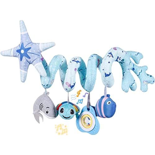 Upscale Trail Deluxe 5-Piece Spiral Plush Toy Set - Cute Hanging Baby Rattle Animals including Shark Ideal Stroller, Crib Mobile, & Car Seat Toys for Babies 0-6 months up to 1 Year Coral Blue