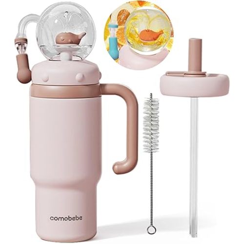 Como bebe Insulated Whale Fountain Sippy Cup, 24 oz 316 food-grade Stainless Leak-Proof Straw,Tumbler with Handle, Fits Car Cup Holders. 2 types lids for Kids, Teens & Adults V3.0(dusty pink)