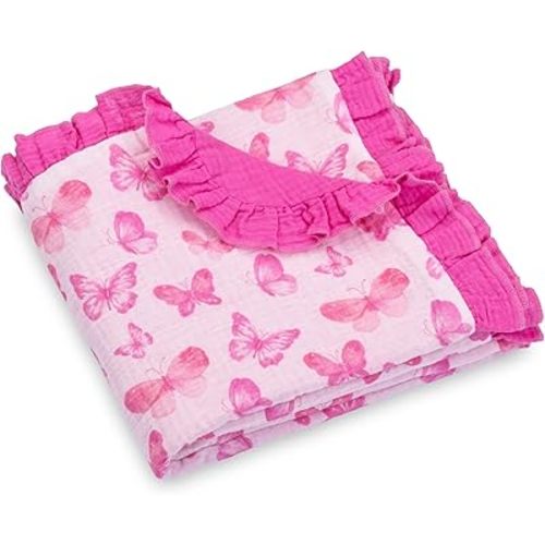 LollyBanks Muslin Swaddle Blanket for Baby Girl, 100% Organic Cotton Newborn Receiving Blankets 40 x 36 Inches, Soft and Breathable Crib Blanket, Gentle Baby Quilt, Newborn Essential (Butterfly Print)