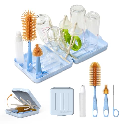 VOGOGE Travel Bottle Brush with Portable Bottle Drying Rack, Baby Bottle Brush for Baby Travel Essential, Blue