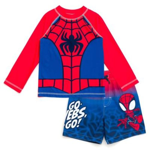 Marvel Spidey and His Amazing Friends Spider-Man Toddler Boys UPF 50+ Cosplay Rash Guard and Swim Trunks Outfit Set Red / Blue 5T