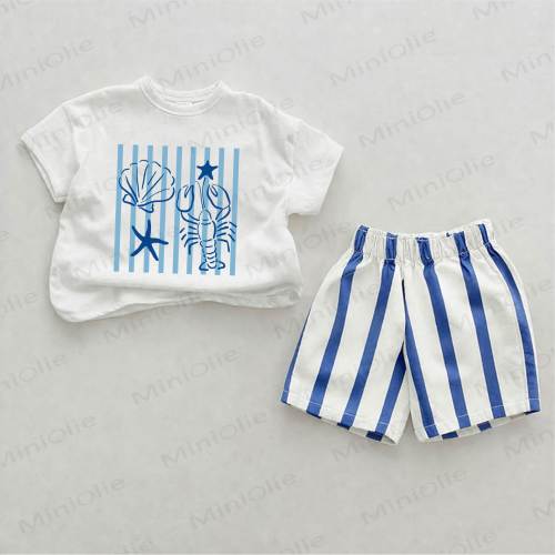 Baby Lobster Print Blue Vertical Striped 2-piece Shorts Set
