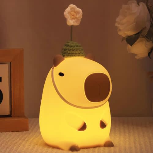Okayera Cute Capybara Night Light, Squishy Animal Flower Lamp with USB Rechargeable Timer Dimmable, Best Nursery Nightlight Home Bedside Decor Birthday Christmas Gift for Kids Women