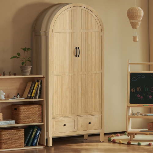 Oubayajia Arched Armoire Wardrobe Closet with Fluted Doors, Wooden Wardrobe Closet with Drawers, Shelves and Hanging Rod for Bedroom