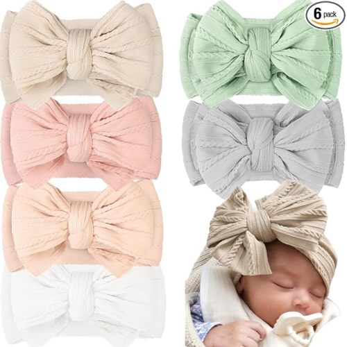 CÉLLOT 6 Pcs Baby Bows Headbands Nylon Hairbands Baby Girl Bows Hair Accessories for Newborn Infant Toddler Essentials (Nature Color Series)