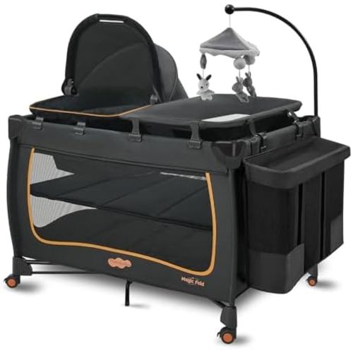 Pamo Babe 6 in 1 Baby Pack and Play with Bassinet - One-Step Setup Travel Crib, Small Portable Playpen for Babies, Portable Baby Bassinet, Changing Table, Toys Bar & Extra Large Storage Bag