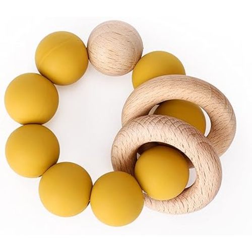Socub Baby Teething Toy, Organic Baby Teething Ring, Silicone & Beech Baby Rattle Teether for Baby 3+ Months, BPA Free, Mustard