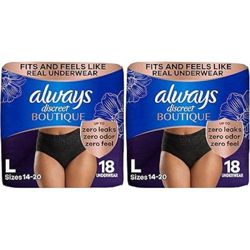 Always Discreet Boutique Incontinence and Postpartum Underwear for Women, Maximum Protection, L, Black, 18 Count (Packaging May Vary) (Pack of 2)