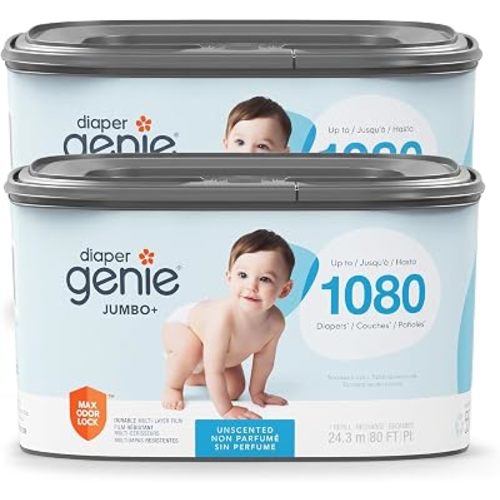 The Diaper Genie Jumbo+ Square Refill, with continuous film, can hold up to 1080 newborn-sized diapers per refill. (Pack of 2)