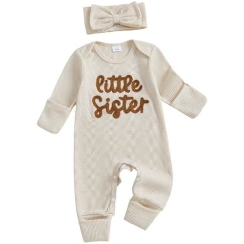 Little Sister Newborn Outfit Baby Girl Going Home Outfit Infant Romper Waffle Footies Knitted Jumpsuit Mitten Clothes