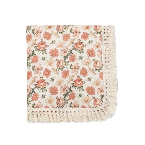 insular Cotton Muslin Baby Blanket with Tassel, Boho Bohemian Muslin Swaddle Blanket Baby Receiving Blanket with Fringe, Nursery Decor Throw or Nursing Blankets, 47" x40”, Floral&Bee