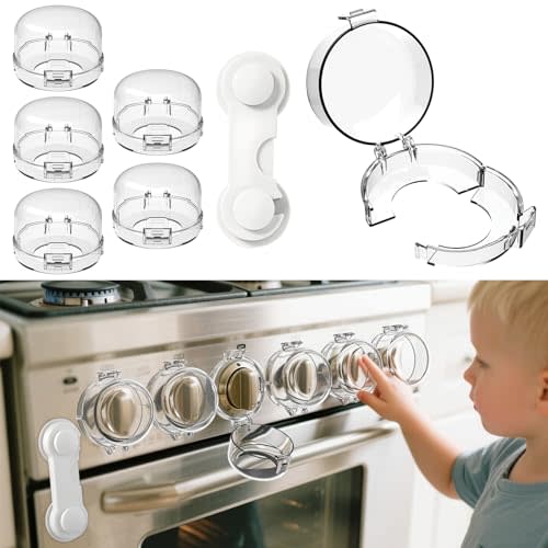 Stove knob Safety Covers for Child Upgraded Unlock Universal Size with Adult Two-Finger, Dual-Key Press Gas Stove Knob Locks Water Resistant Oil Resistant and High Temperature Resistant（5+1 Pack.）