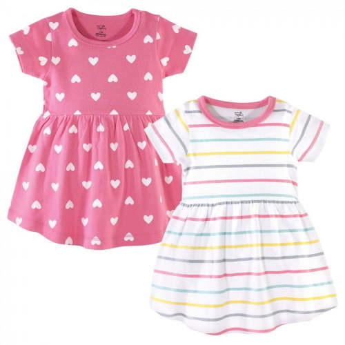 Hudson Baby Infant and Toddler Girl Cotton Short-Sleeve Dresses 2pk, Candy Stripes, 0-3 Months