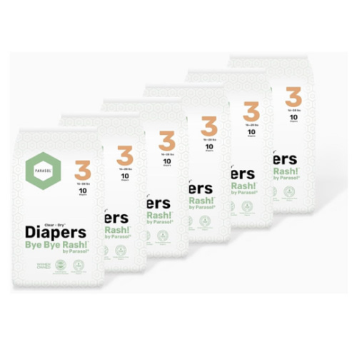 Parasol Clear+Dry Disposable Diapers | RashShield Protection, Leakproof Design, Hypoallergenic Diaper Set | Size 3 (16-28 lbs.) 60 Count