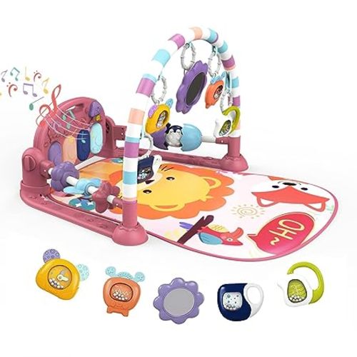 dearlomum Pink Lion Theme Baby Play Mat Gym with Kick & Play Piano | Tummy Time Activity Mat with 5 Infant Sensory Toys, Music and Lights, Boy & Girl Gifts for Newborns 0 to 3 6 9 12 Months