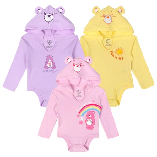 Care Bears Baby Girls' 3-Pack Cosplay Hooded Creepers Newborn to Infant | Attached Lined Hood with 3D Ears, Soft Cotton Blend, Snap Closure