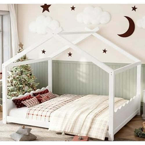 Bellemave Queen Size Montessori Floor Bed with Slats,House BedFrame with High Headboard,Queen Floor Beds with Roof, White with Headboard