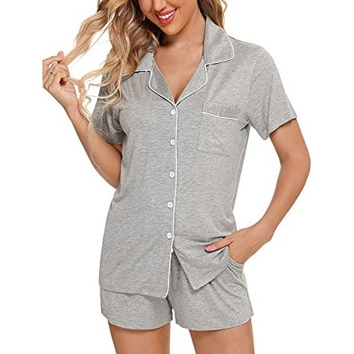 Anjue Womens Pajamas Set Short Sleeve Sleepwear Button Down Nightwear Shorts Soft Pj Sets S-XXL