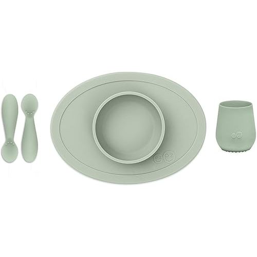 ezpz First Foods Set for Babies – Suctioning Bowl, Cup, & Spoons for Self-Feeding & Fine Motor Skills Development – 100% Food Grade Silicone, Dishwasher Safe – Perfect for 4 Months Plus (Sage)