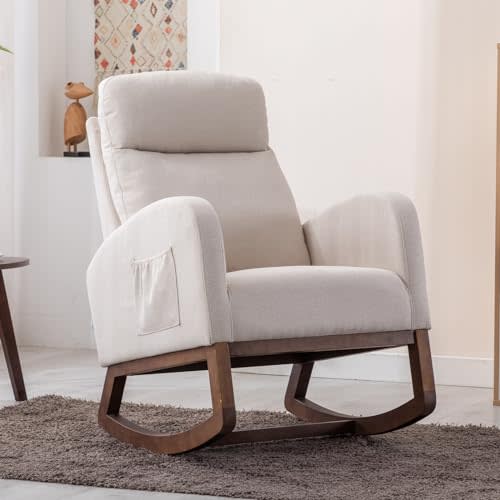 Modern Rocking Chair, Upholstered Nursery Glider Rocker Chair for Baby, Comfy Armchair with Side Pocket, Living Room Lounge Arm Chair, High Backrest with Headrest Shape Design(Light Beige)