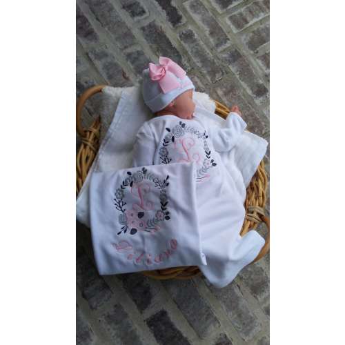 Newborn Girl Coming Home Outfit Personalized Floral Gown Beanie Swaddling Blanket Baby Girl Shower Gifts Floral Wreath Fathers Day Gift
