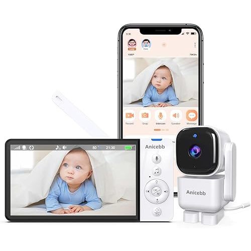 Smart Baby Monitor with App and 5" Display, Dual Mode (WiFi & No WiFi FHSS), 1080P HD Video, 360° Pan-Tilt-Zoom with Motion Tracking, 36H Battery, Cry & Temp Alerts, White Noise, Night Vision