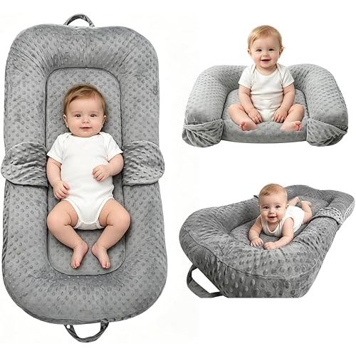 Baby Lounger for Newborn,0-12 Months,Foldable Soft Infant Lounger Pillow for Home and Travel, Baby Nest Lounger with Cover,Multi-Use Portable Baby Lounger for Supervised Play&Tummy Time, Grey