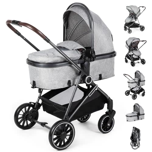 2-in-1 Baby Stroller with Bassinet Mode - Folding Infant Newborn Pram with Reversible Seat - for 0-36 Months Toddler Grey