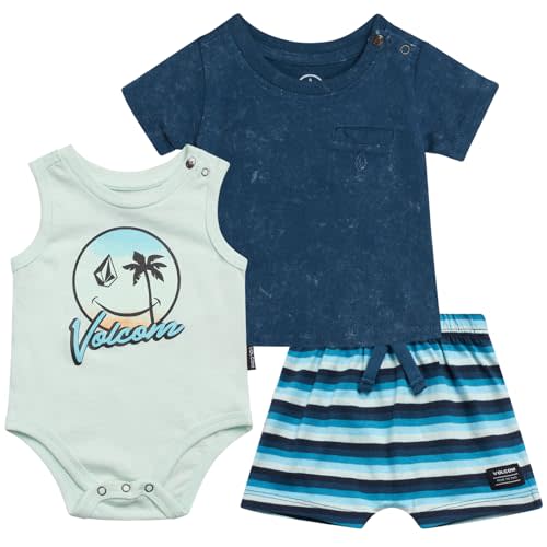 Volcom Baby Boys 3 Piece Set Onesie T-Shirt and Shorts (0-24 Months) | Soft Breathable Cotton, Lap-Shoulder Bodysuit, Snap Closures, Elastic Waist Bottoms, Easy Dressing for Newborns