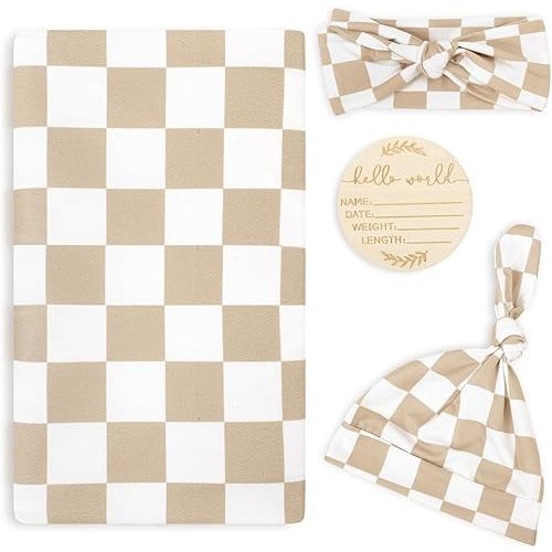 TANOFAR 4-Pack Newborn Swaddle Blanket for Baby Girls & Boys, Ultra Soft Receiving Blankets with Matching Headband and Beanie Set Baby Nursery Swaddle Wrap, Light Brown Checkerboard