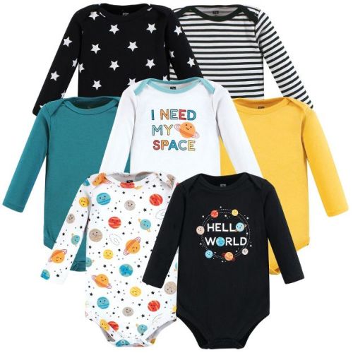 Hudson Baby Cotton Long-Sleeve Bodysuits, Happy Planets 7-Pack Set, 0-3 Months