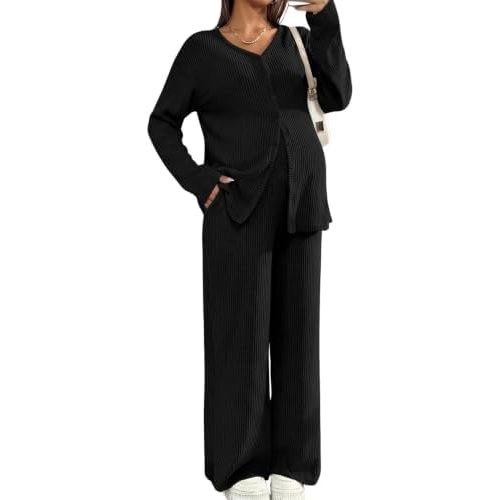 BLENCOT Women's Maternity Lounge Set 2 Piece Outfits Long Sleeve Top and Pants Pregnancy Clothes with Pockets