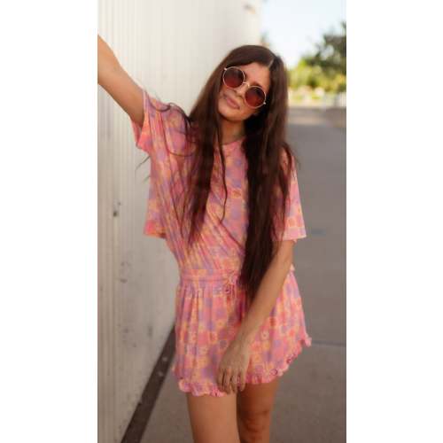 Women’s Ruffle Short Set in Groovy Checkered Flowers