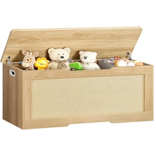 usikey 47.2" Large Storage Chest with Fabric Drawer, Toy Box with Safety Hinges, Extra Wide Storage Bench for Bedroom, Living Room, Entryway, Supports 300 lb