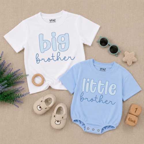 Personalized Brother Matching Outfit – Big, Middle, Little Brother Shirt– Pregnancy Reveal – Toddler Boy Gift, Blue Gingham Sibling Tees