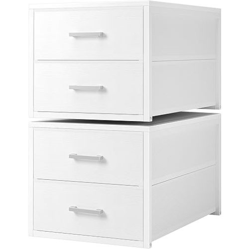 BOLUO Stackable Storage Drawers Narrow Closet Organizers and Storage Fabric White 2 Drawer Dresser for Bedroom 2 Packs Modern