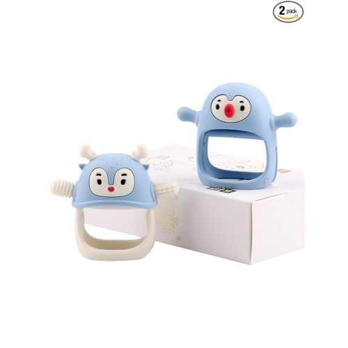 Smily Mia 2 Packs Baby Teething Toy for 0-6 6-12 Months, Food Grade Silicone Teething Mitten, Anti Dropping Wrist Hand Teethers Baby Chew Toys for Sucking&Chewing, BPA Free, Light Blue